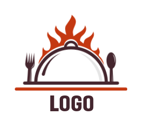 restaurant logo cloche on fire with fork spoon