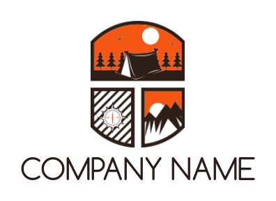 compass mountains and camp tent logo generator