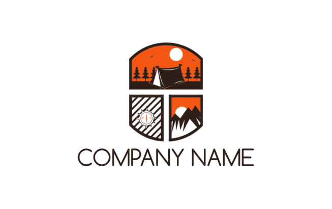 compass mountains and camp tent logo generator