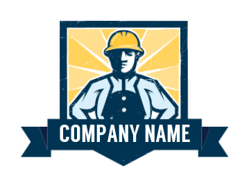 construction logo  worker inside square ribbon