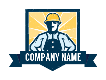 construction logo  worker inside square ribbon