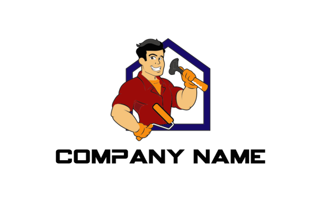 construction logo design - a worker with hammer and paint brush 