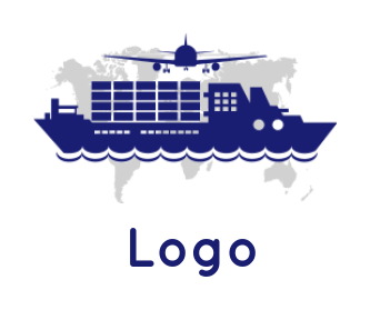 design a logistics logo container ship with airplane with world map background 