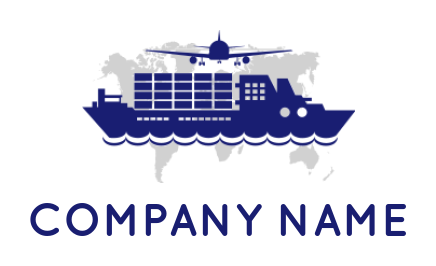 design a logistics logo container ship with airplane with world map background 