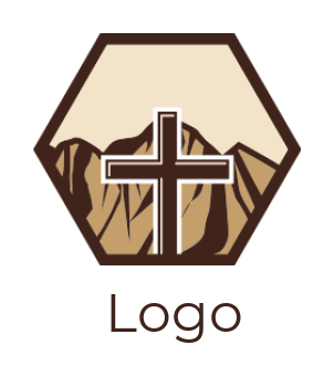 design a religious logo cross in front of mountain inside hexagon 