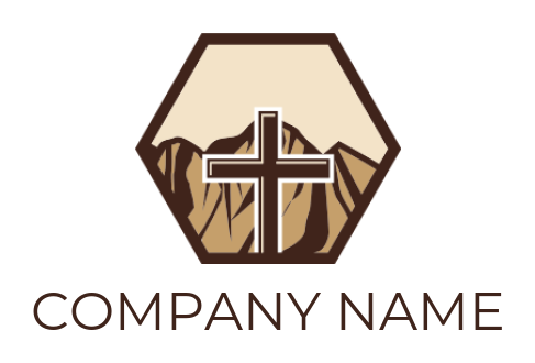 design a religious logo cross in front of mountain inside hexagon 