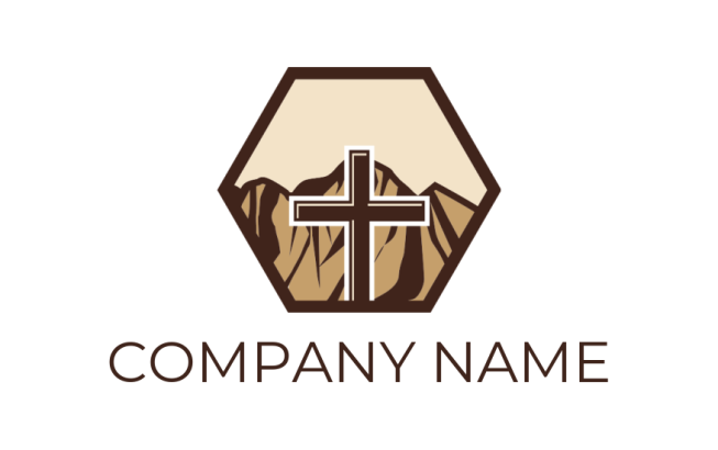 design a religious logo cross in front of mountain inside hexagon 