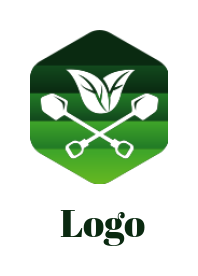 landscape logo cross shovels leaves in hexagon