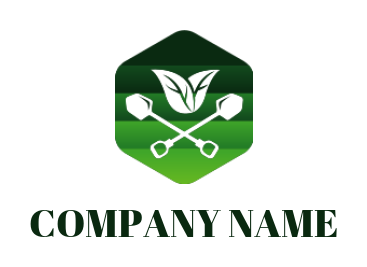 landscape logo cross shovels leaves in hexagon