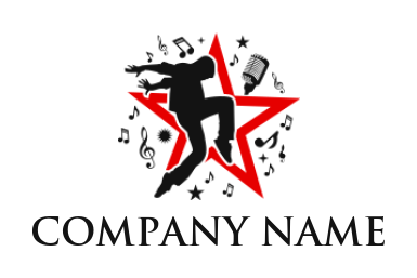 design an entertainment logo dancer in front of star with musical notes 
