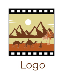 travel logo desert mountains camels in film reel