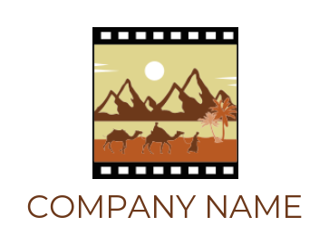 travel logo illustration desert mountains with camels in film reel - logodesign.net