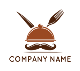 make a restaurant logo dish cover incorporated with fork knife and mustache 