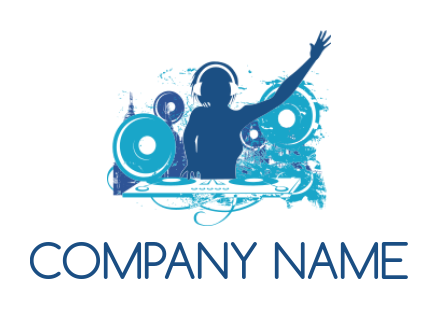 entertainment logo illustration DJ woman at turntable raise one arm