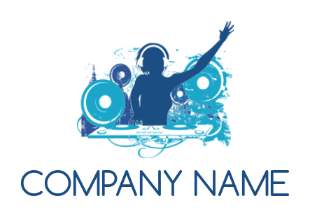 entertainment logo illustration DJ woman at turntable raise one arm