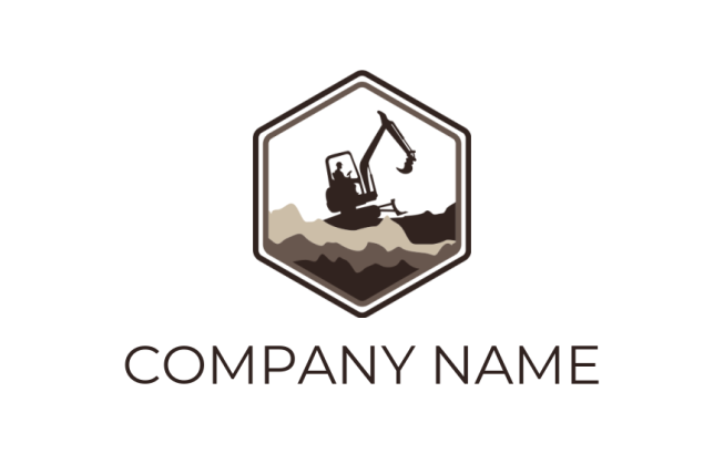 construction logo image excavator on rocks in hexagonal shape - logodesign.net