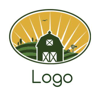 agriculture logo farm barn in oval with sun rays