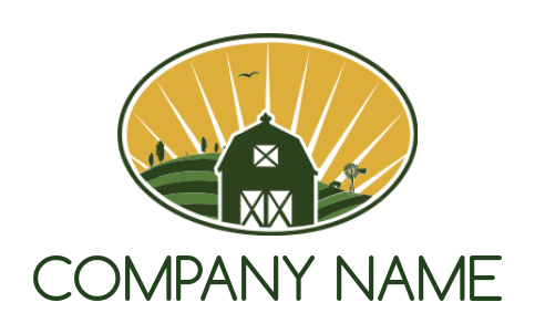 make an agriculture logo farm and barn inside oval with sun rays - logodesign.net 