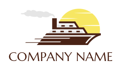 design a travel logo fast moving cruise ship with steam and sun 