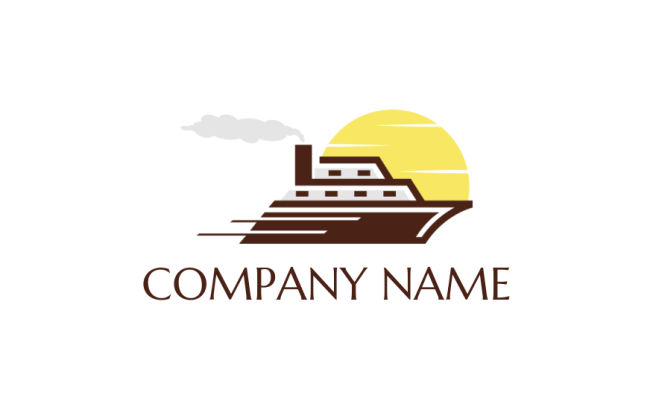 design a travel logo fast moving cruise ship with steam and sun 