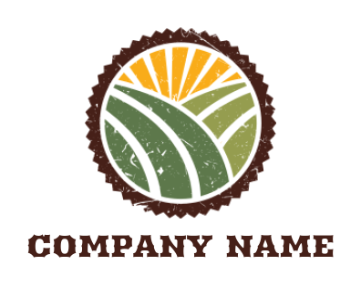 agriculture logo fields with sun rays in emblem