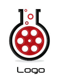media logo of film reel inside chemical flask