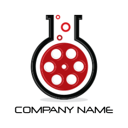 media logo of film reel inside chemical flask