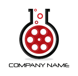 media logo of film reel inside chemical flask