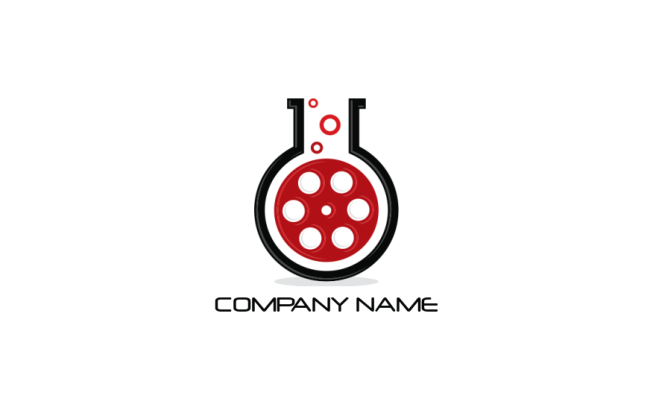film reel inside chemical flask modern abstract communication and media logo image