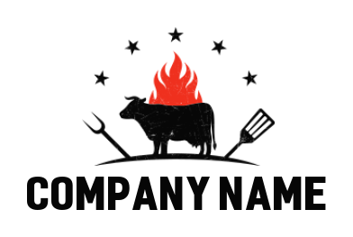 restaurant logo flaming grill cow turner fork