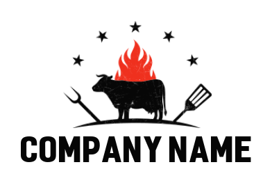 flaming grill cow with turner and fork logo icon