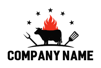 restaurant logo flaming grill cow turner fork