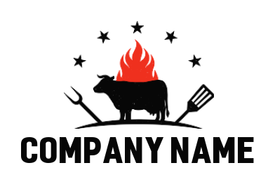 design a restaurant logo flaming grill cow with turner and fork