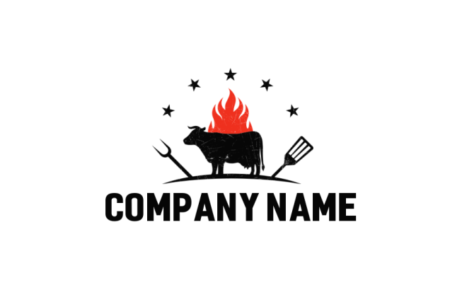 flaming grill cow with turner and fork logo icon