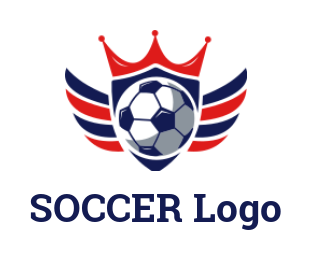 sports logo icon soccer ball inside the shield with crown and wings