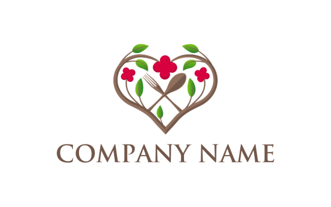 restaurant logo icon fork and spoon in floral heart shape 