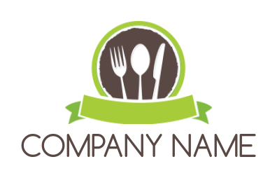 design a restaurant logo fork spoon and knife inside circle with ribbon 