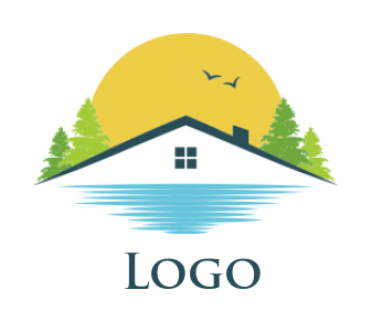 real estate logo gable roof on water sun trees