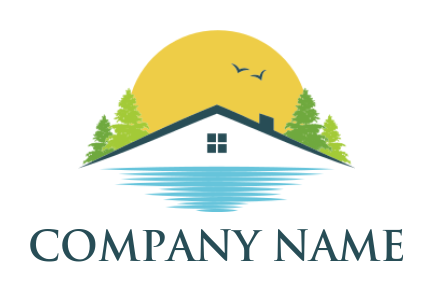 real estate logo gable roof on water sun trees