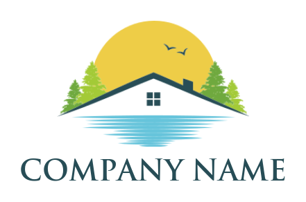 real estate logo gable roof on water sun trees