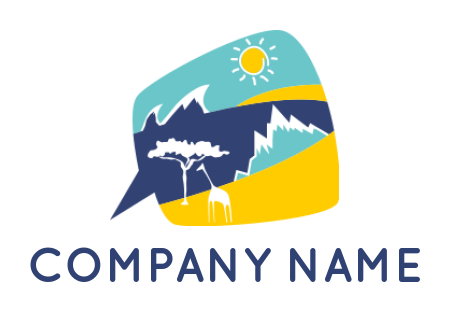 design a travel logo giraffe next to tree and mountains in chat bubble