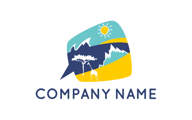 design a travel logo giraffe next to tree and mountains in chat bubble