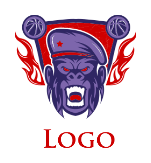 make an animal logo gorilla wearing beret with flames and baseballs