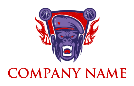 make an animal logo gorilla wearing beret with flames and baseballs