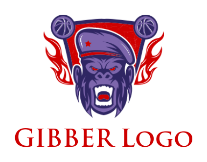 make an animal logo gorilla wearing beret with flames and baseballs