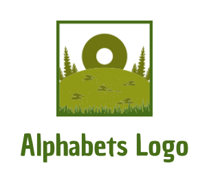 Letter O logo in grass with trees inside square