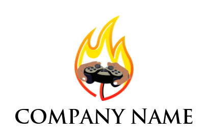 games logo hand holding gaming console with fire