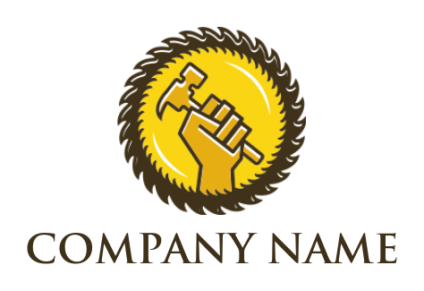 design a construction logo hand holding hammer inside Circular saw 