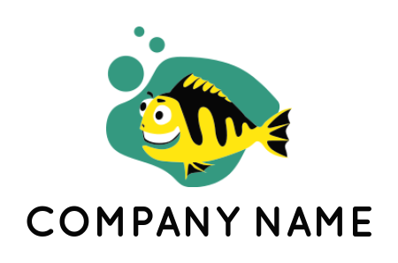 Create a pet logo of happy fish in water with bubbles