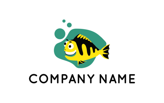 Create a pet logo of happy fish in water with bubbles